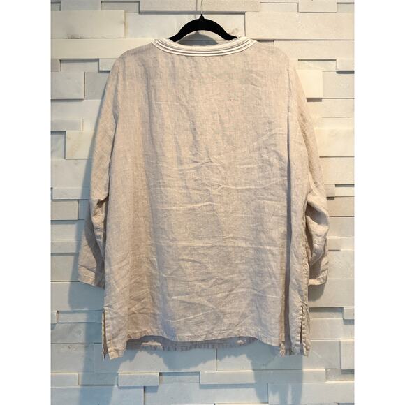 J.JILL 100% Linen Embroidered Split Neck 3/4 Bell-Sleeve Tunic Tan Cream Boho 1X - Picture 2 of 6